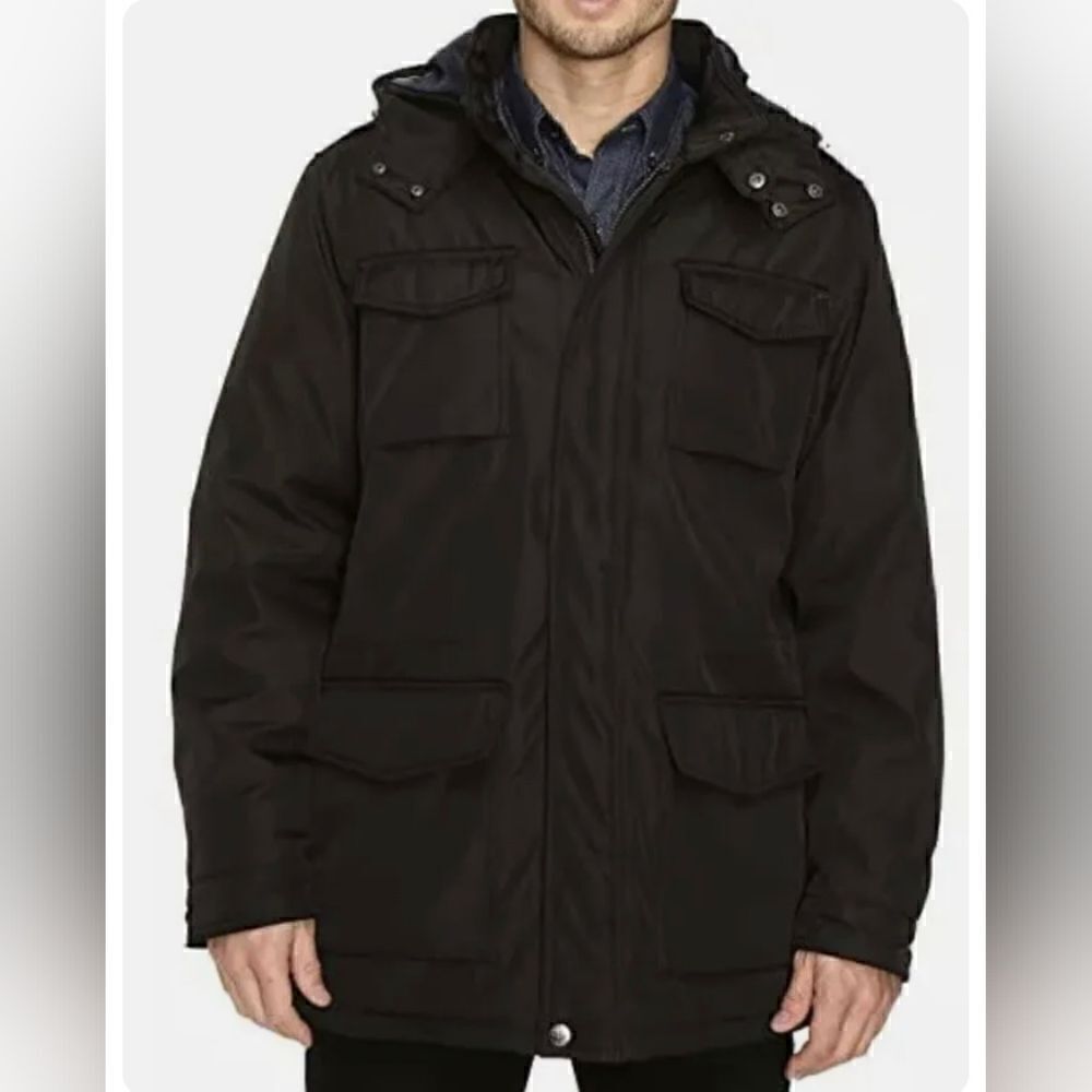 NWT Perry Ellis Black Field Jacket with removable hood Mens XL
